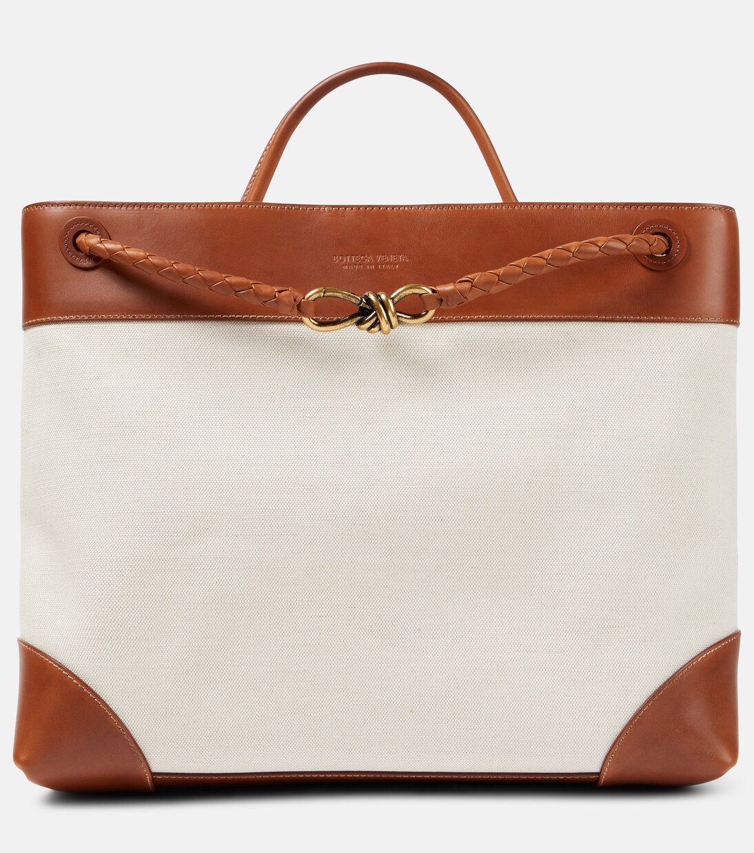 Andiamo Large leather-trimmed canvas tote bag | Bottega Veneta
