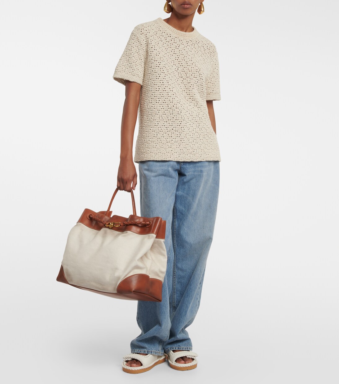 Andiamo Large leather-trimmed canvas tote bag | Bottega Veneta