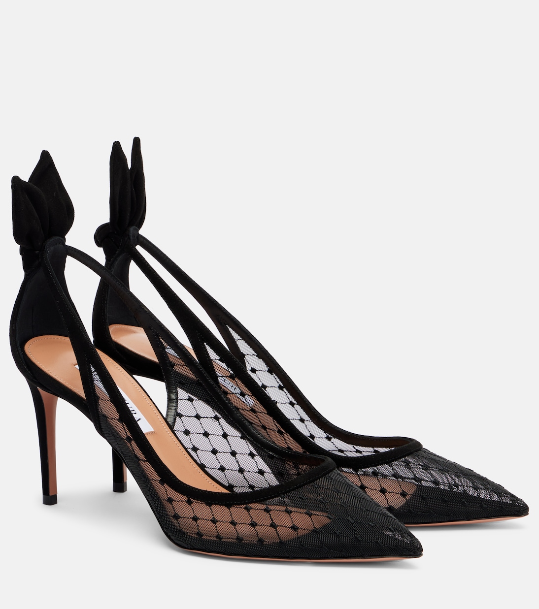 Bow Tie 85 suede-trimmed mesh pumps | Aquazzura
