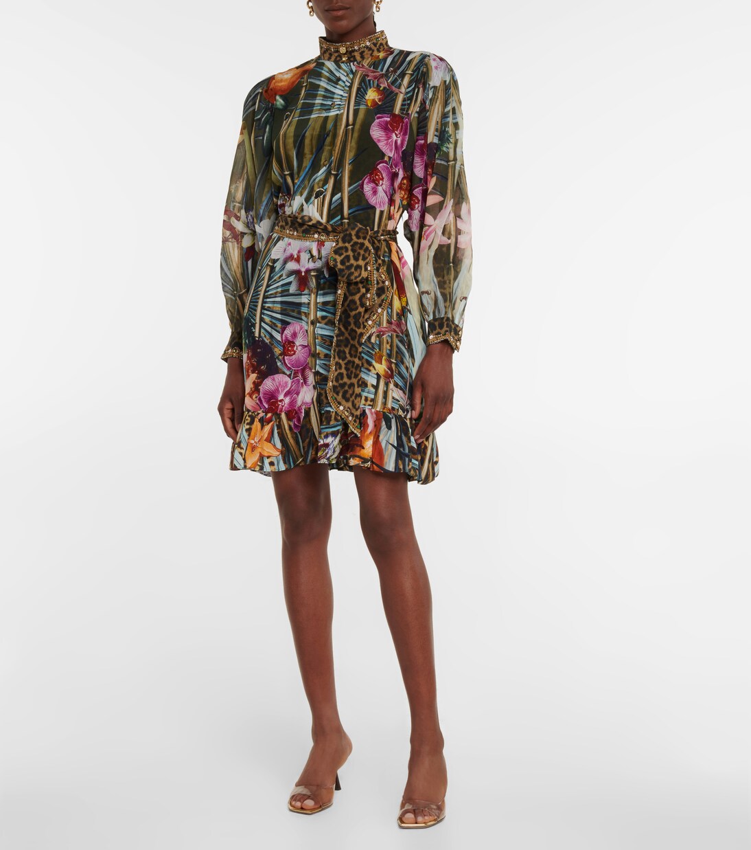 Robe chemise en soie à fleurs et ornements | Camilla