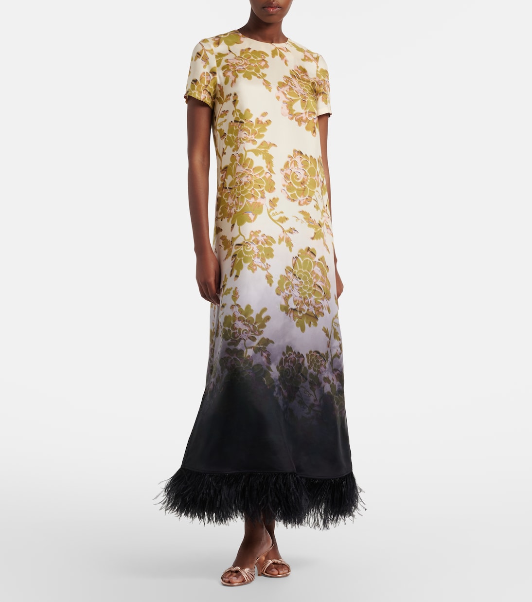 Swing feather-trimmed floral silk twill maxi dress | La DoubleJ