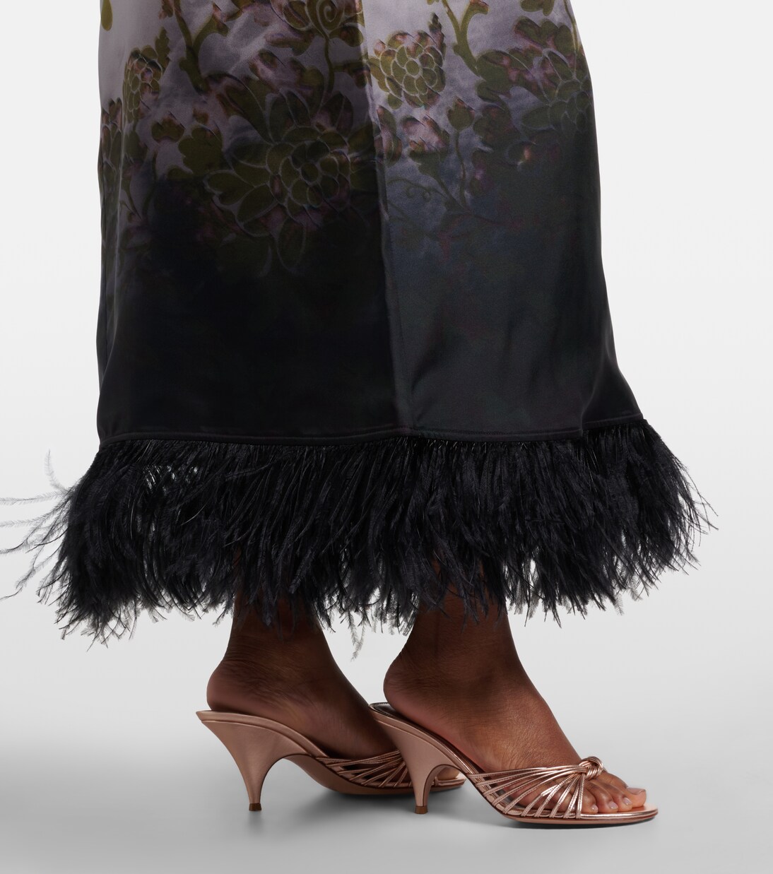 Swing feather-trimmed floral silk twill maxi dress | La DoubleJ