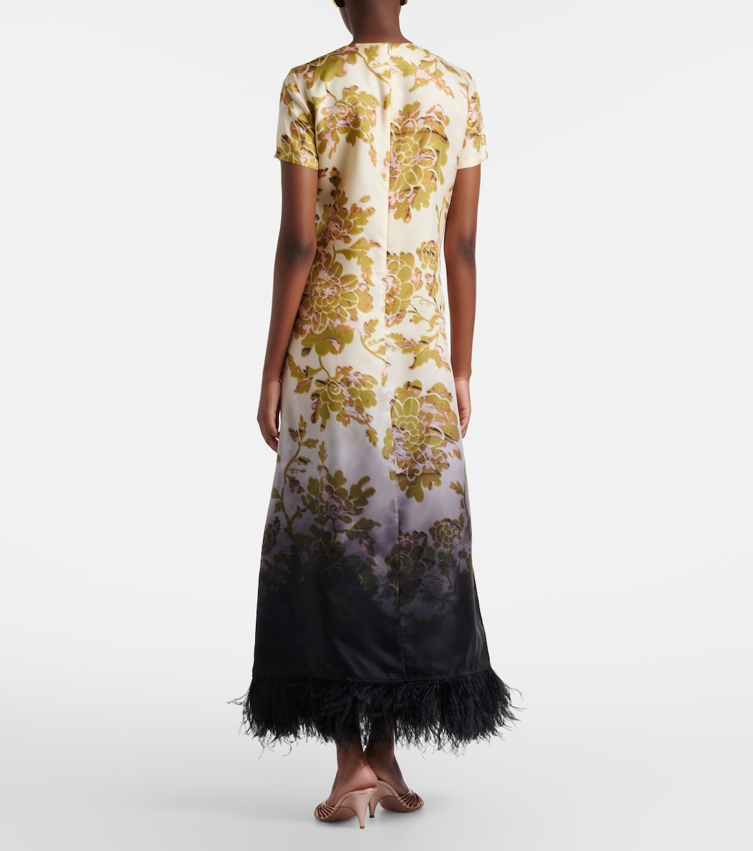 Swing feather-trimmed floral silk twill maxi dress | La DoubleJ
