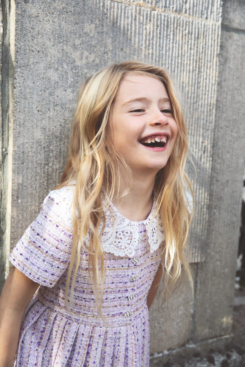 Lace-trimmed pleated bouclé dress | Self-Portrait Kids