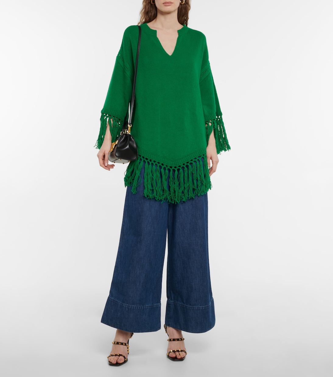 Poncho de lana virgen con flecos | Valentino