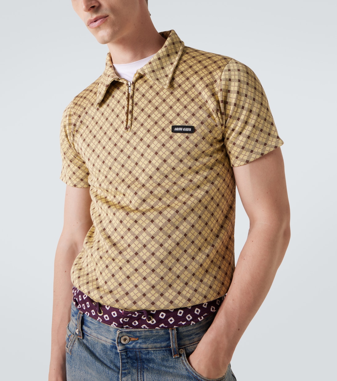 Checked silk piqué polo shirt | Miu Miu
