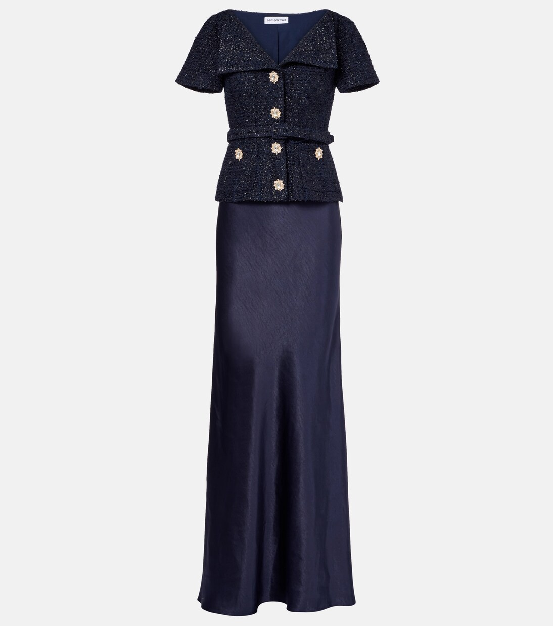 Robe longue en bouclé et satin à ornements | Self-Portrait
