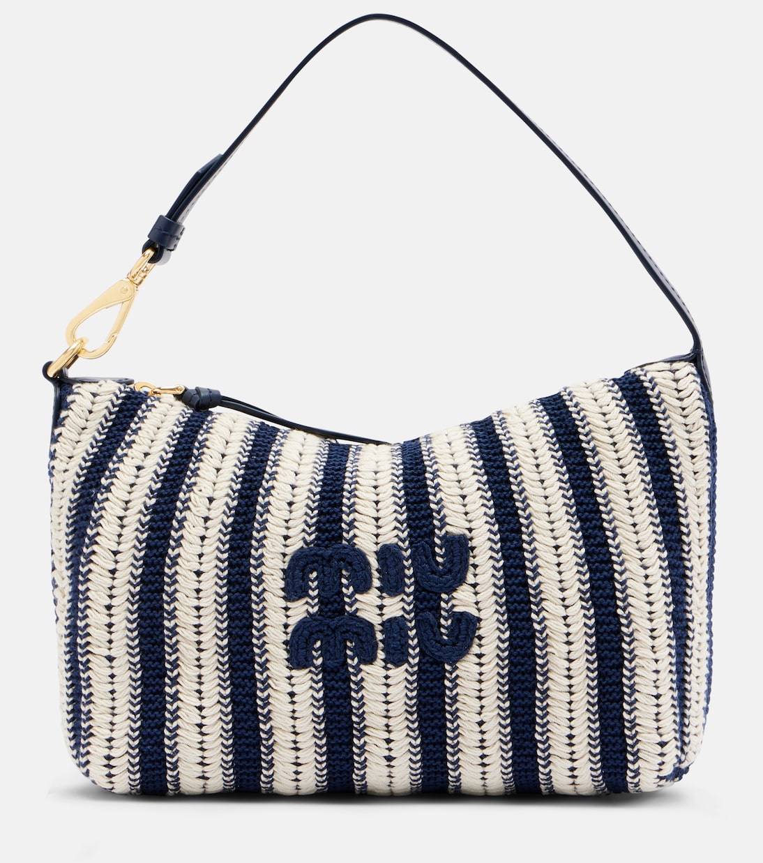 Striped leather-trimmed crochet shoulder bag | Miu Miu