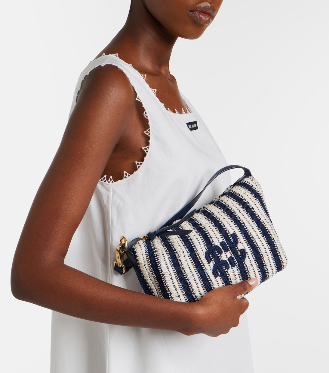 Striped leather-trimmed crochet shoulder bag | Miu Miu