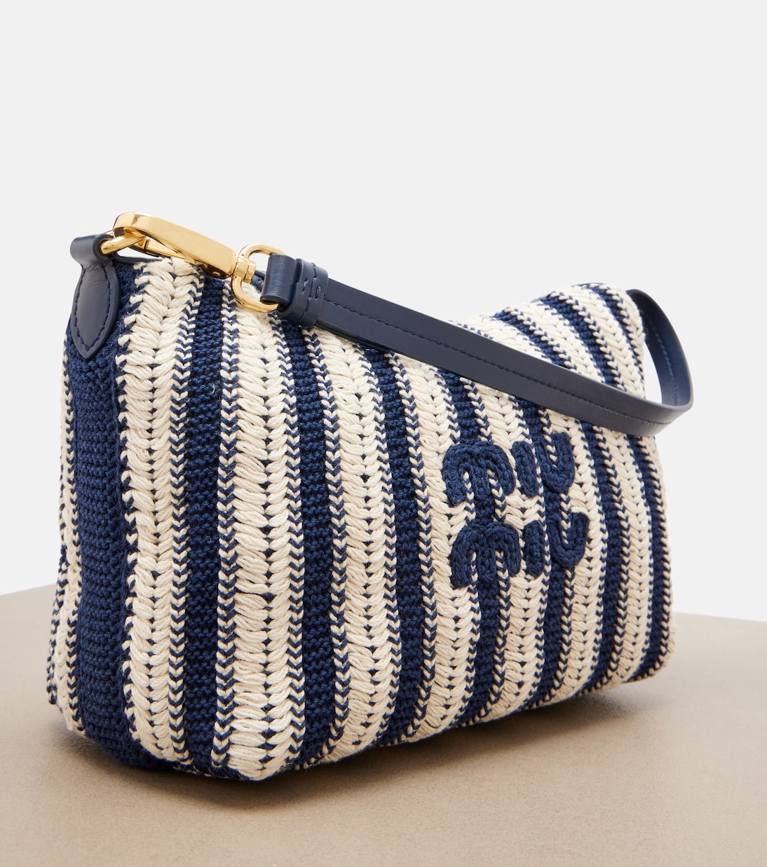 Striped leather-trimmed crochet shoulder bag | Miu Miu