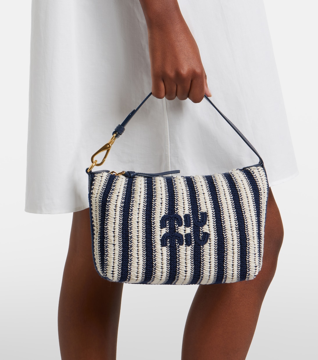 Striped leather-trimmed crochet shoulder bag | Miu Miu