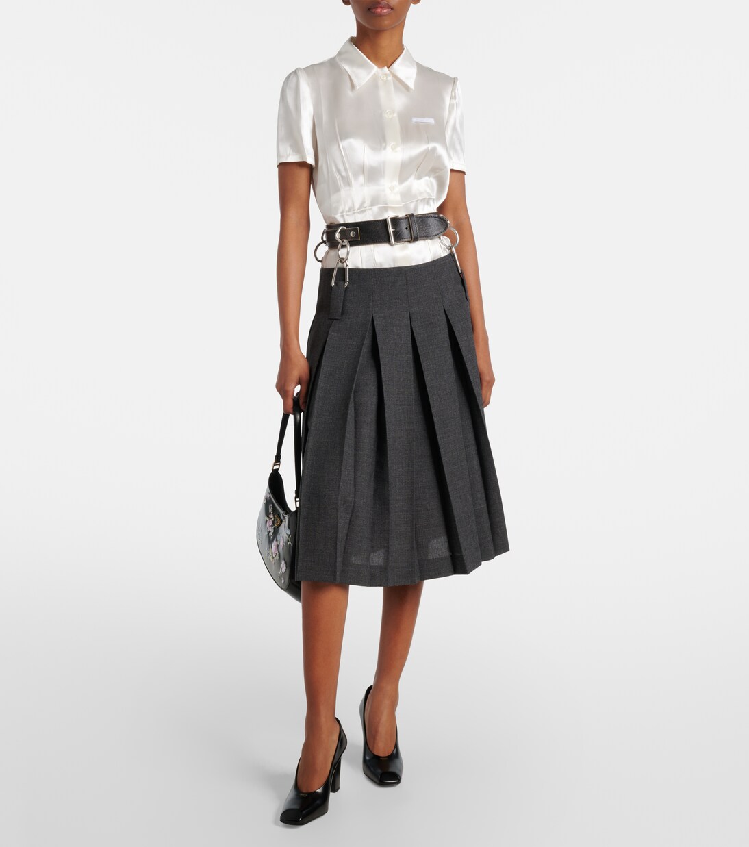 Belted pleated virgin wool midi skirt | Prada