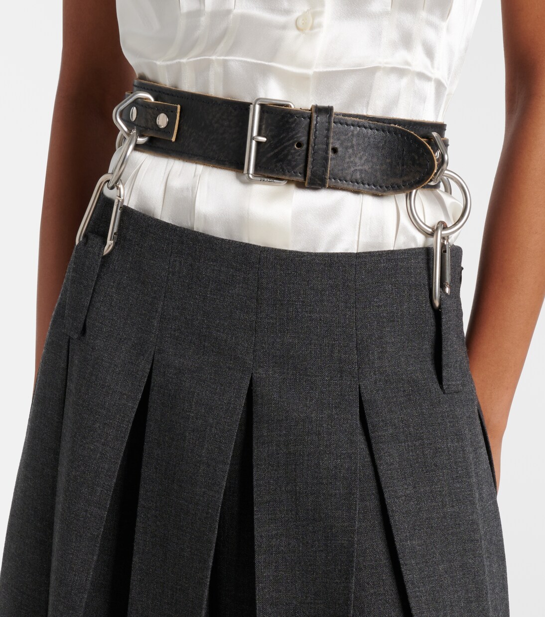 Belted pleated virgin wool midi skirt | Prada