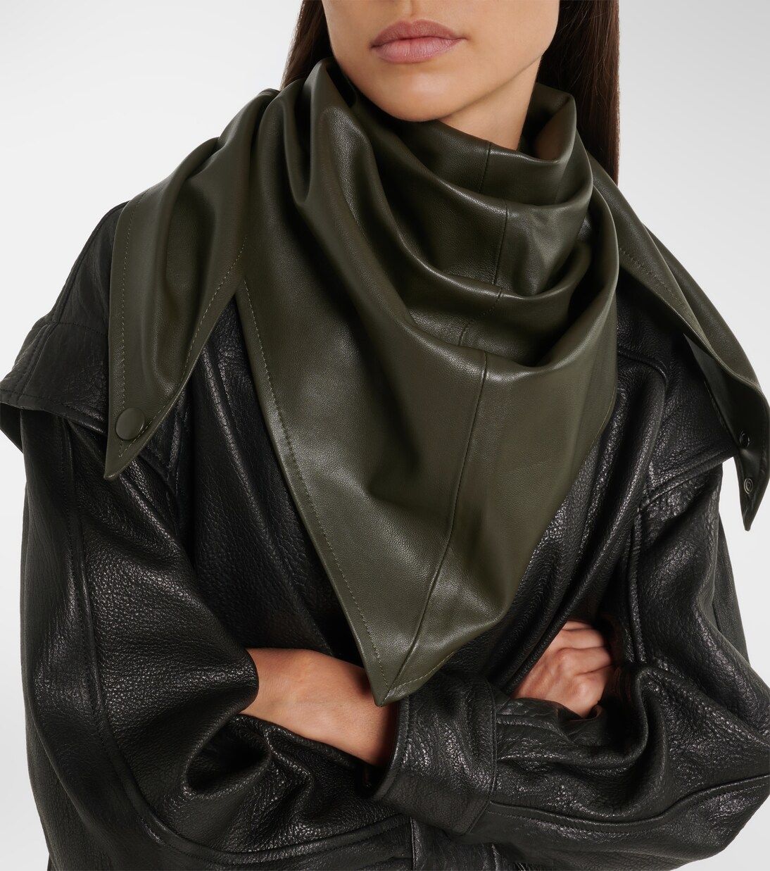 Draped leather hood | Nour Hammour