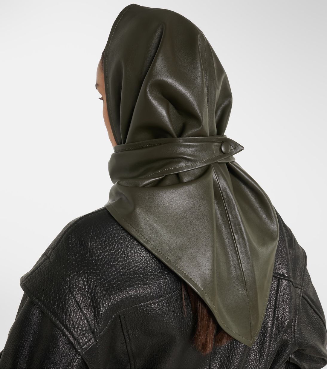 Draped leather hood | Nour Hammour