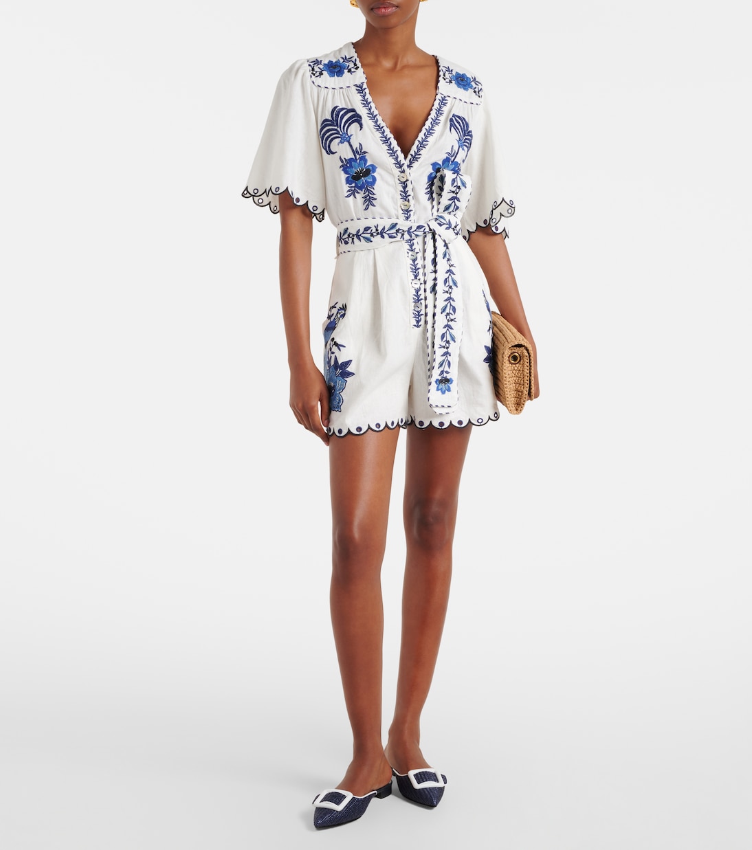 Embroidered linen-blend romper | Farm Rio