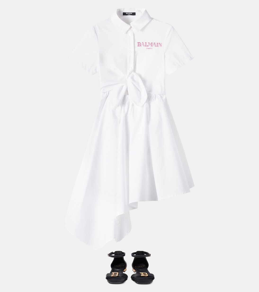 Logo asymmetric cotton shirt dress | Balmain Kids