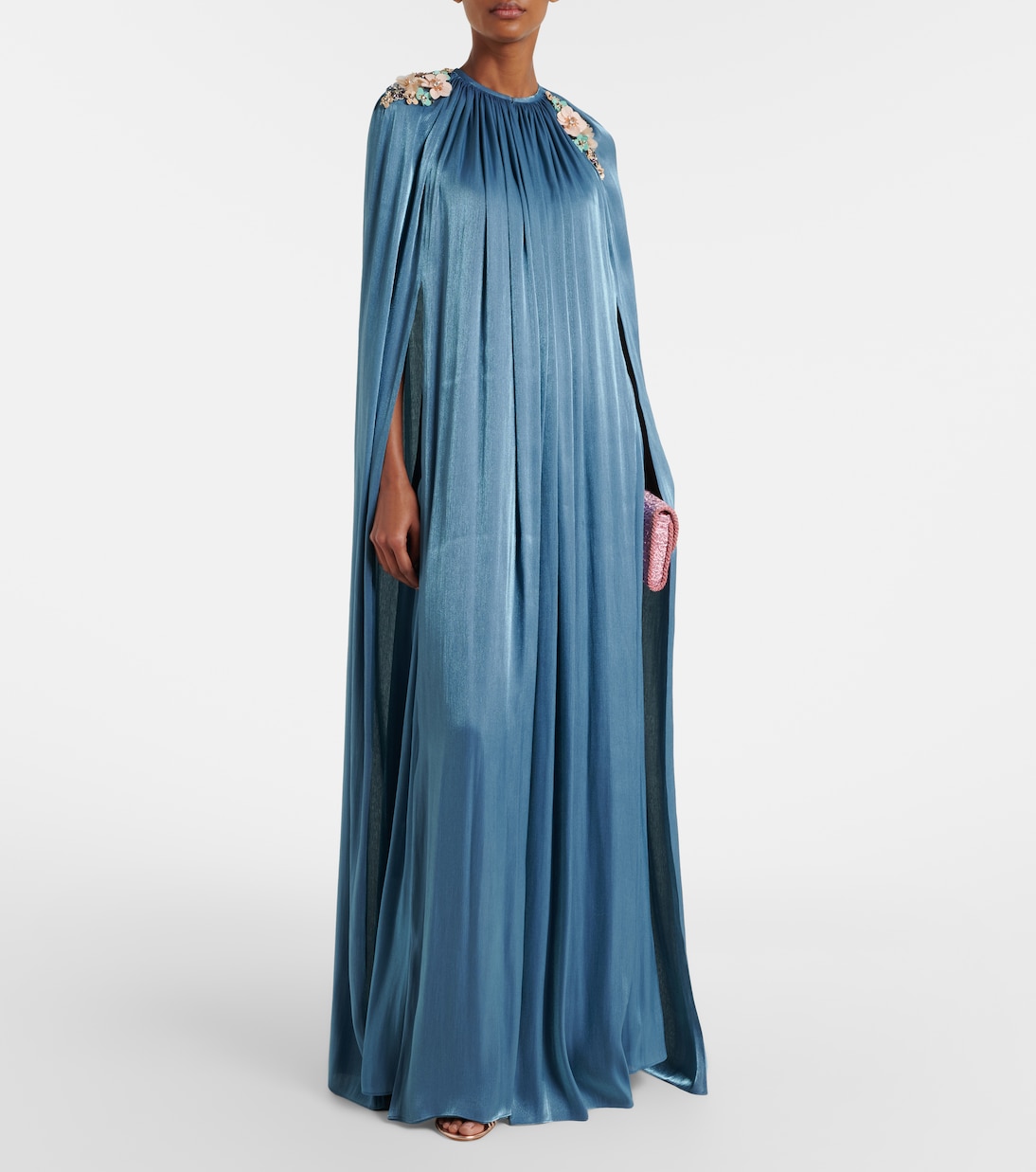 Embellished pleated caped bustier gown | Costarellos