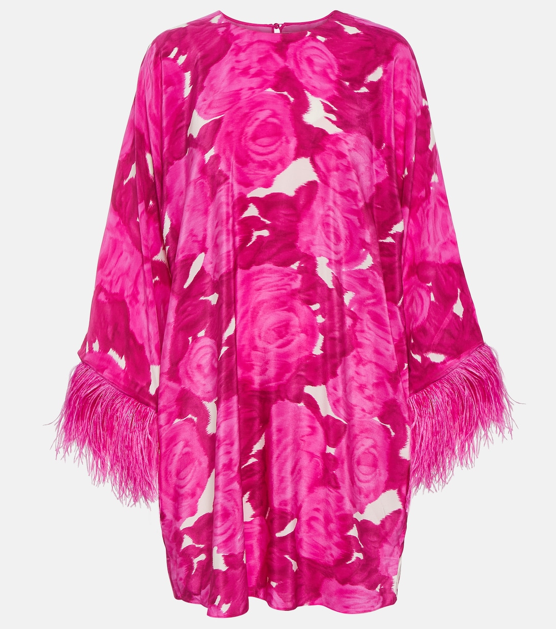 فستان قصير من الحرير مقلّم بالريش مع طبعات الورود | Valentino