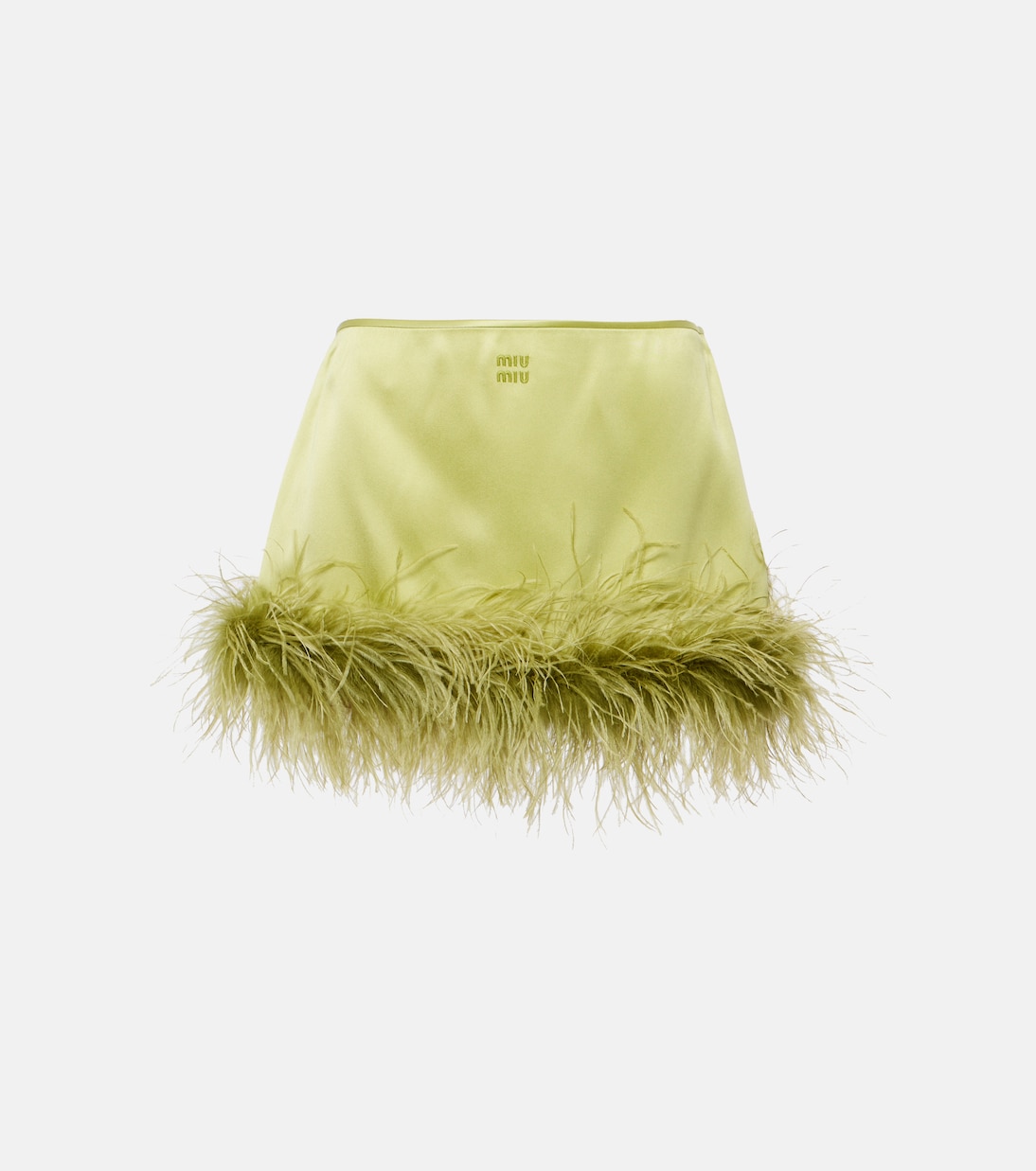 Feather-trimmed satin miniskirt | Miu Miu