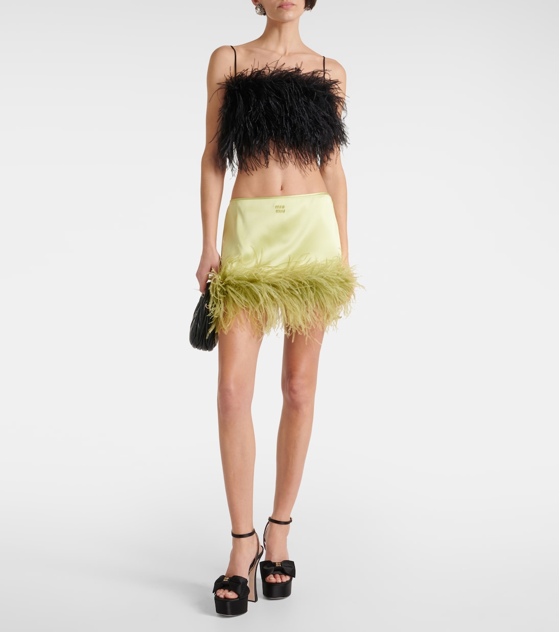 Feather-trimmed satin miniskirt | Miu Miu