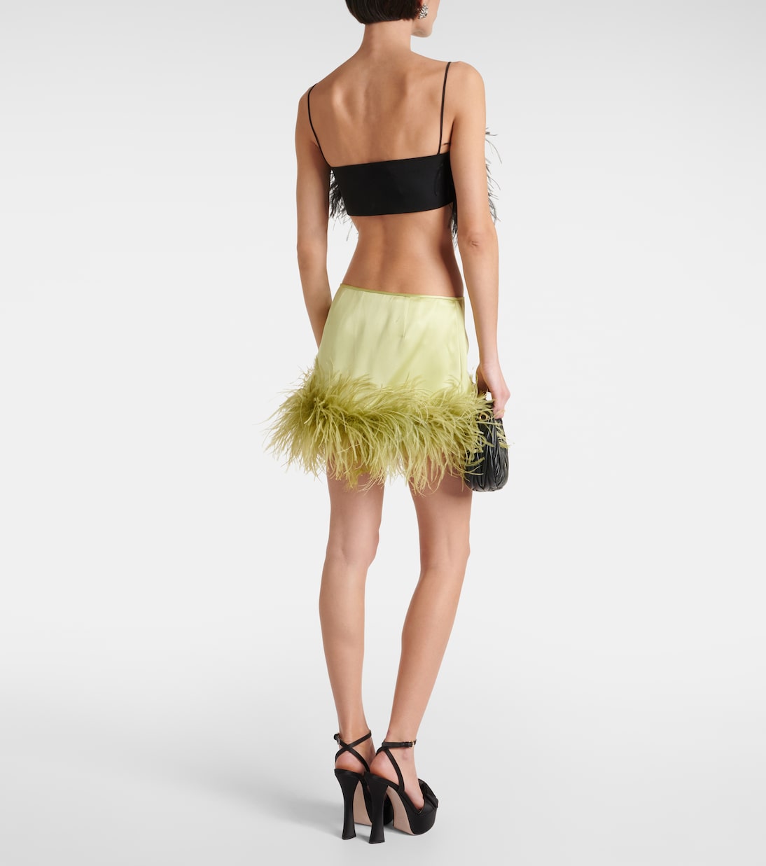 Feather-trimmed satin miniskirt | Miu Miu