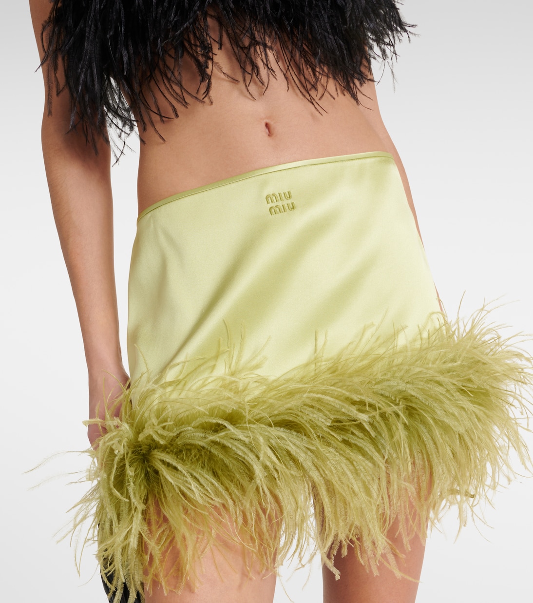 Feather-trimmed satin miniskirt | Miu Miu