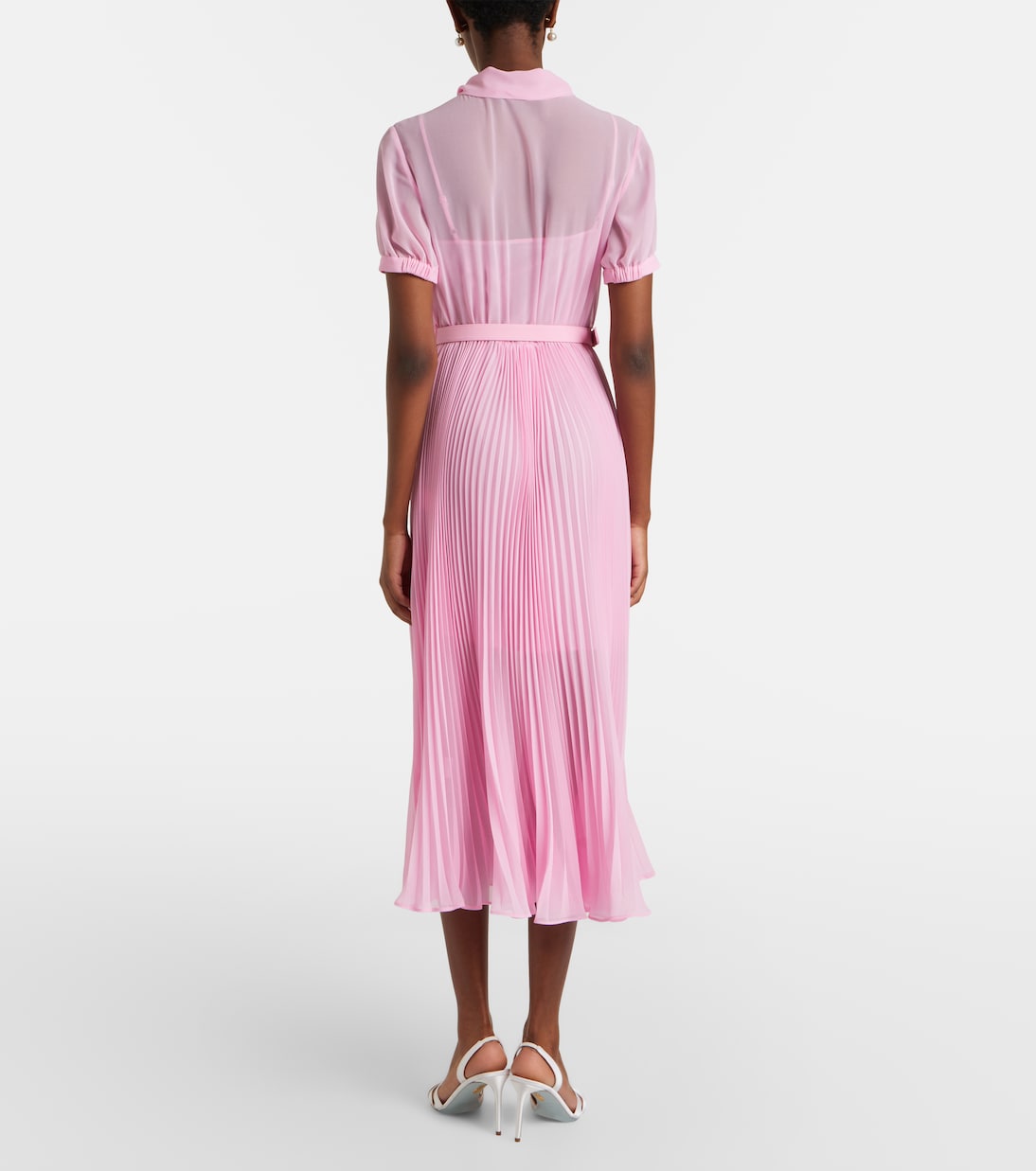 Vestido midi de georgette con lazada y cinturón | Self-Portrait