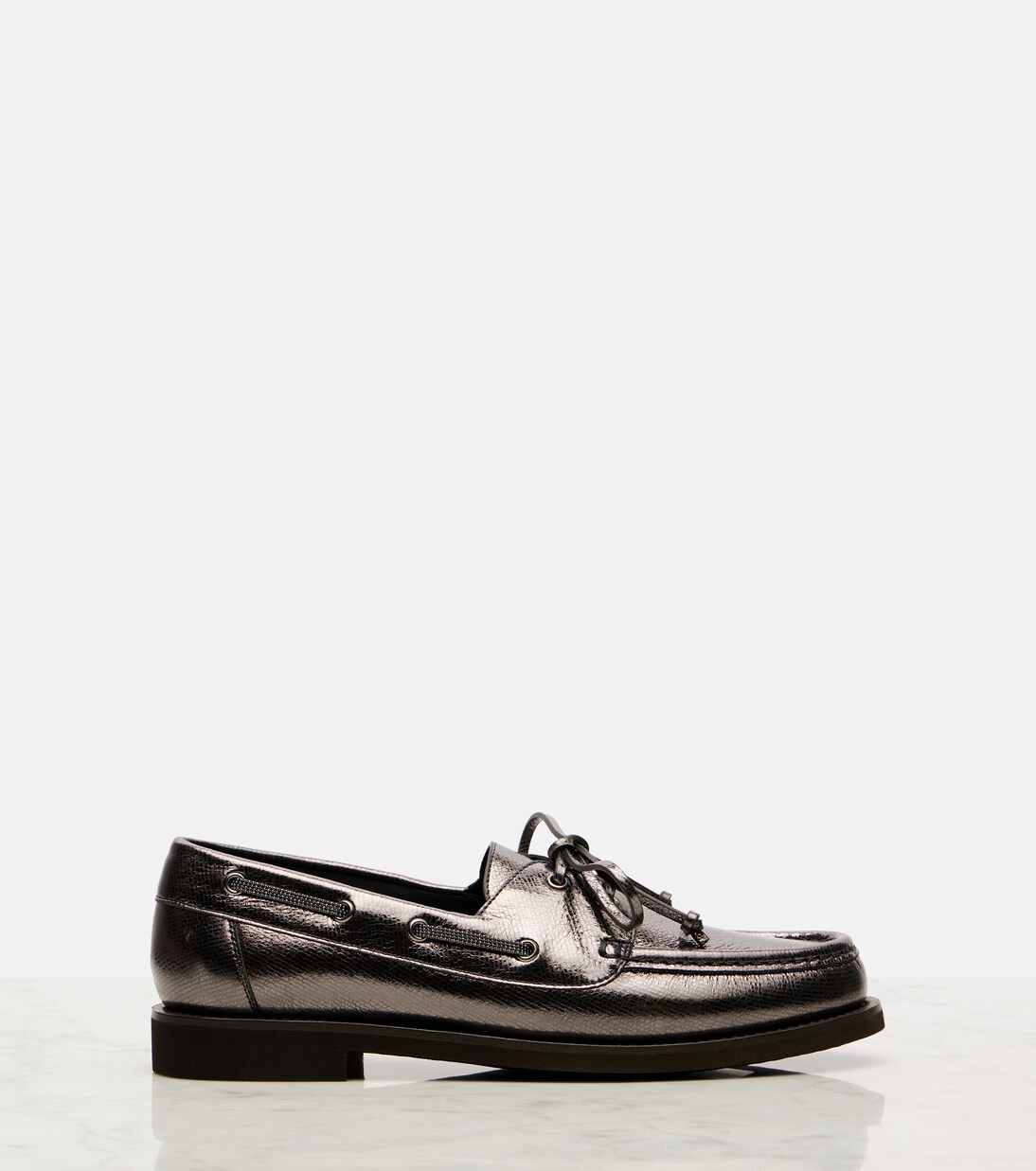Monili metallic leather boat shoes | Brunello Cucinelli