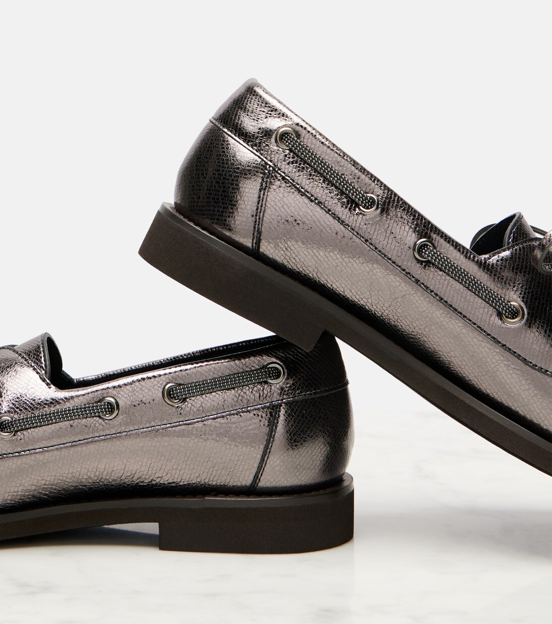 Monili metallic leather boat shoes | Brunello Cucinelli