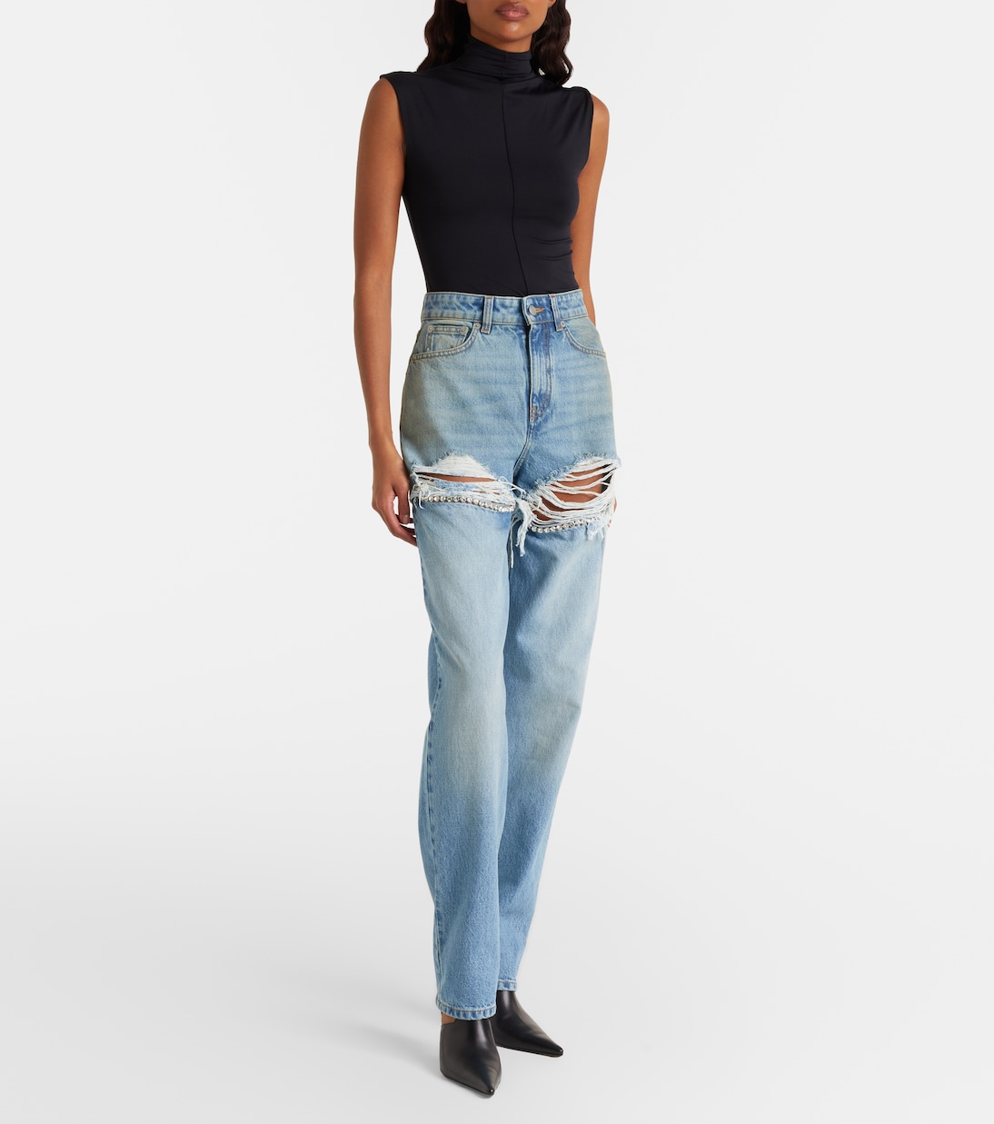 Distressed embellished wide-leg jeans | Area