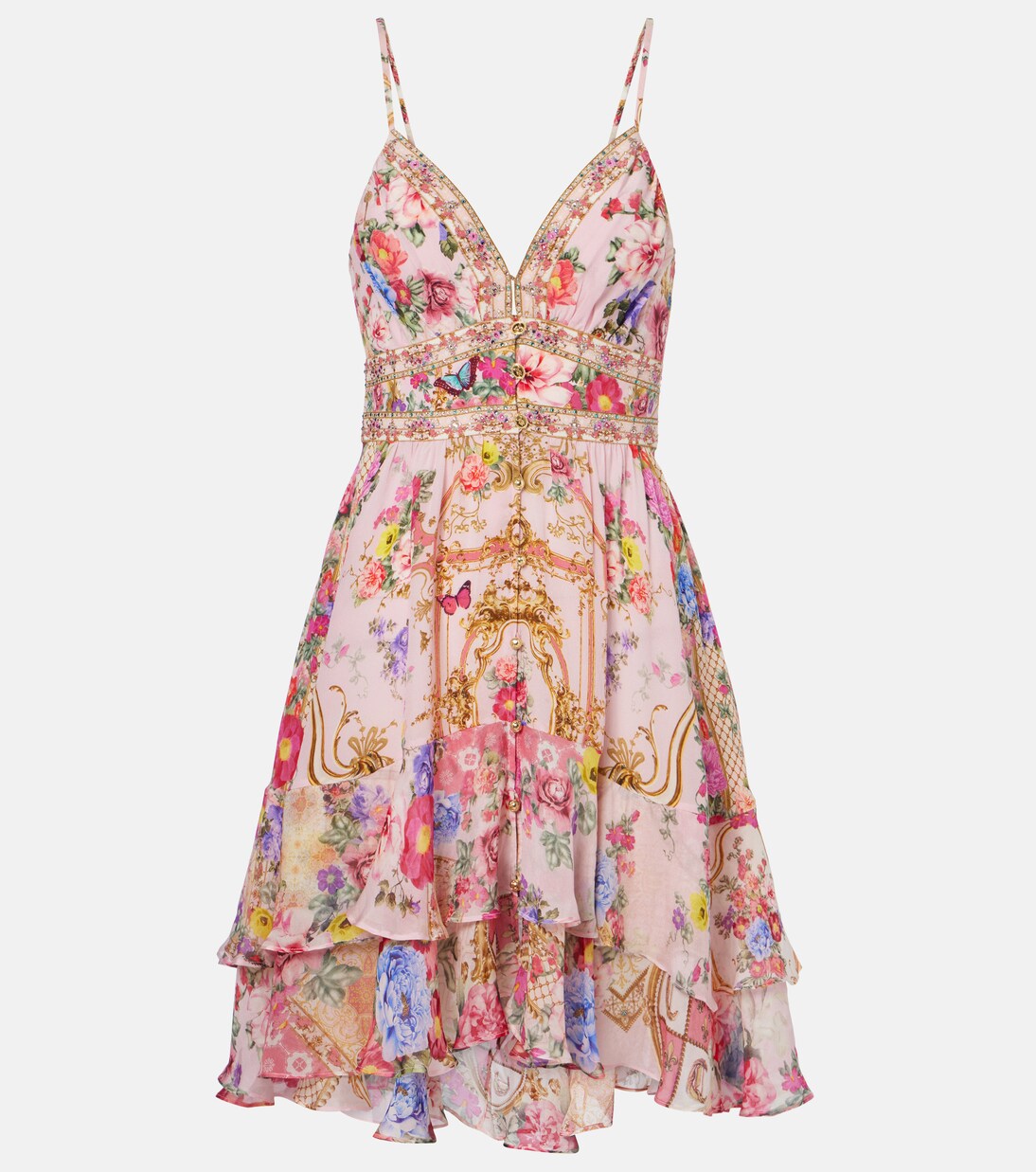 Vestido corto de seda floral adornado | Camilla
