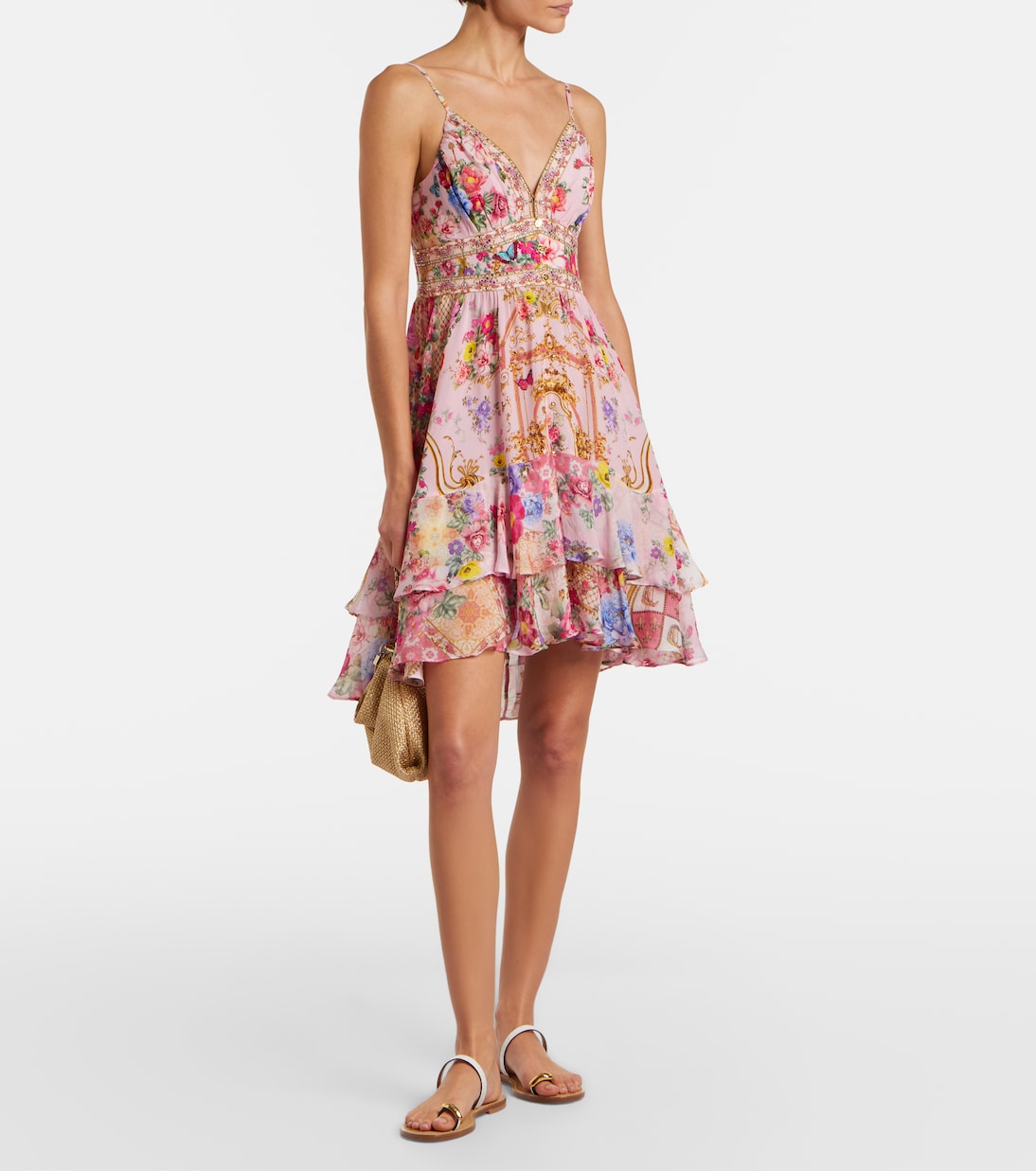 Vestido corto de seda floral adornado | Camilla