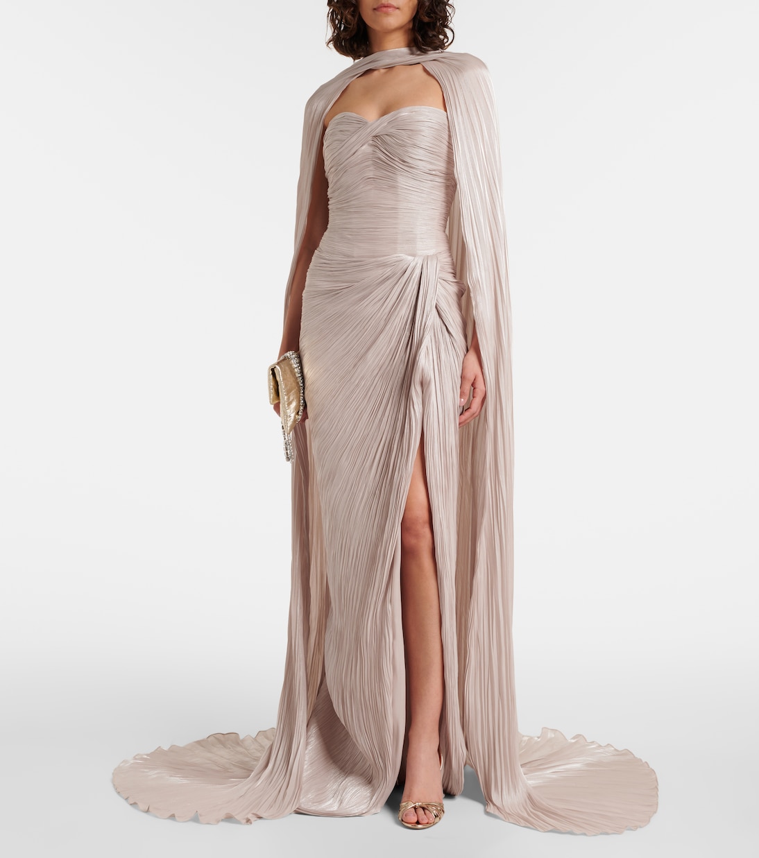 Caped gathered pleated silk gown | Marmar Halim