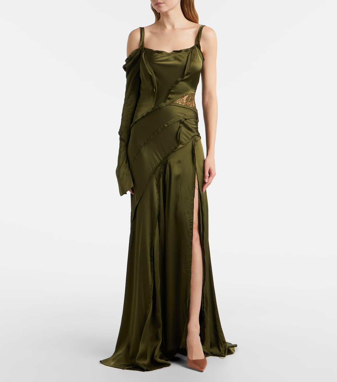 Robe longue asymétrique en satin à dentelle | Blumarine