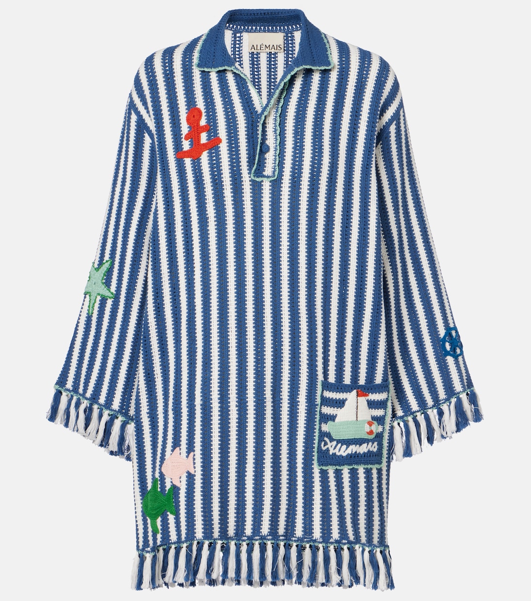 Crochet fringed striped cotton minidress | Alémais