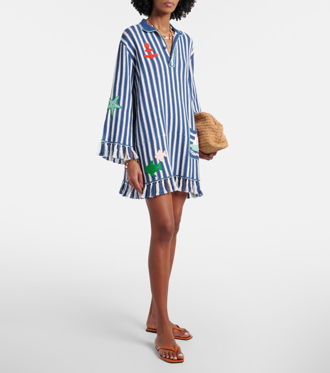 Crochet fringed striped cotton minidress | Alémais