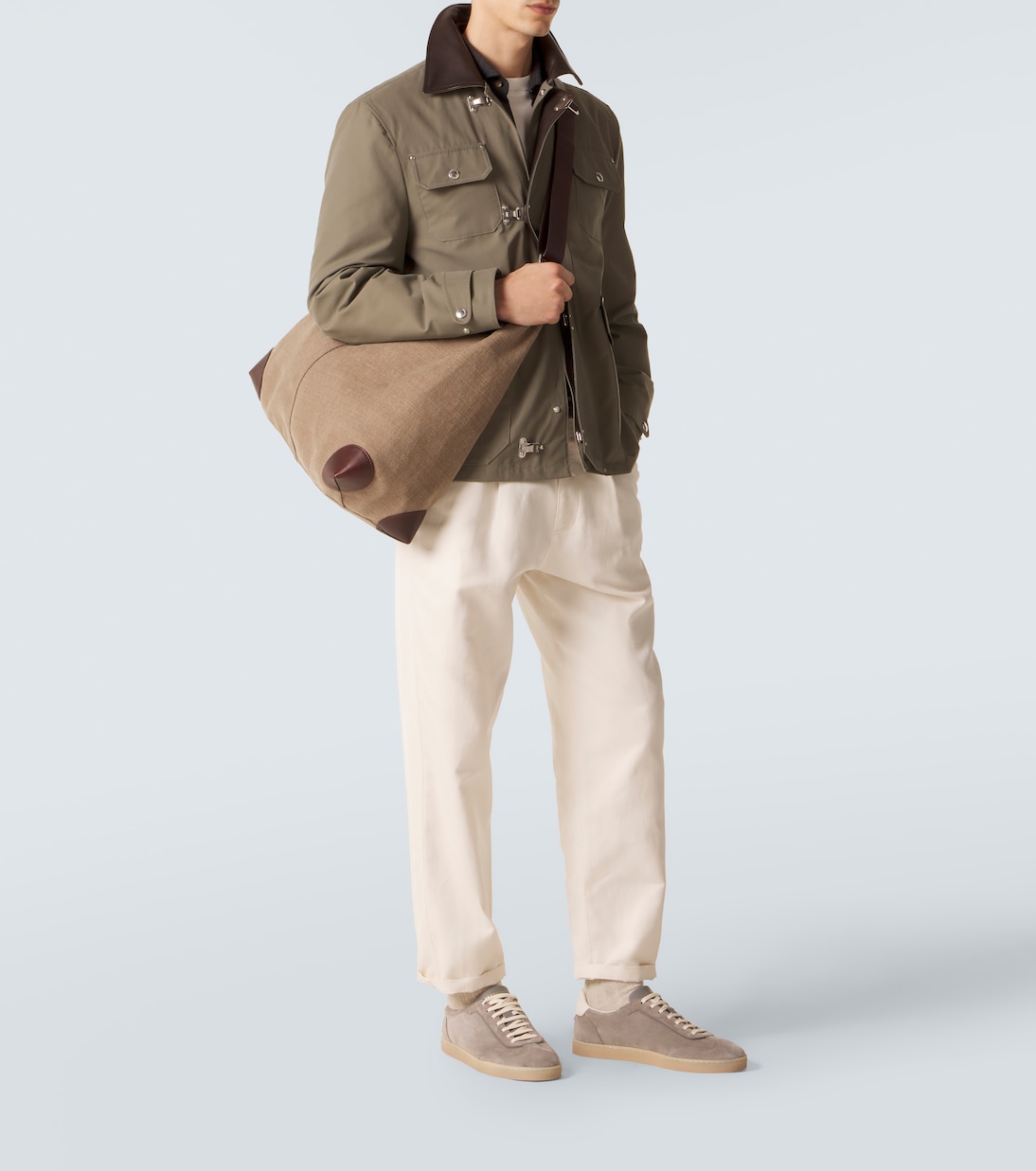 Bolso al hombro de lona con piel | Brunello Cucinelli