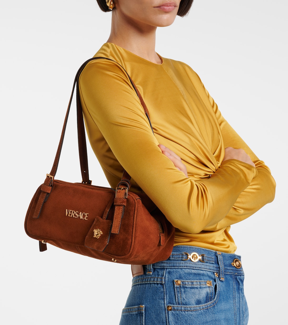 Versace Tag suede shoulder bag | Versace