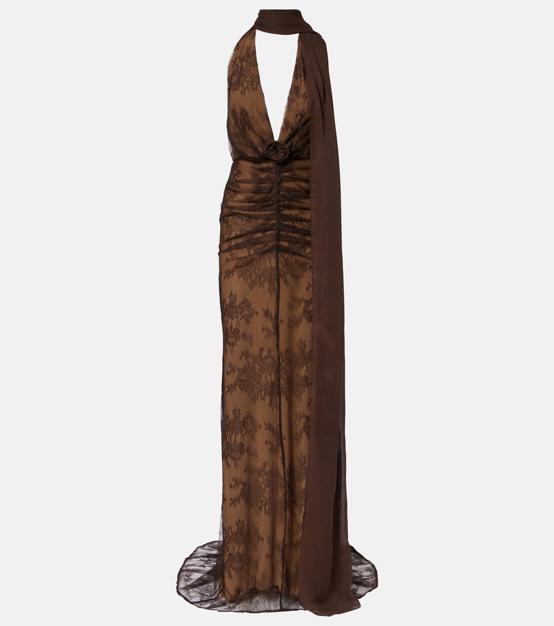 Amora scarf-detail ruched lace maxi dress | De La Vali