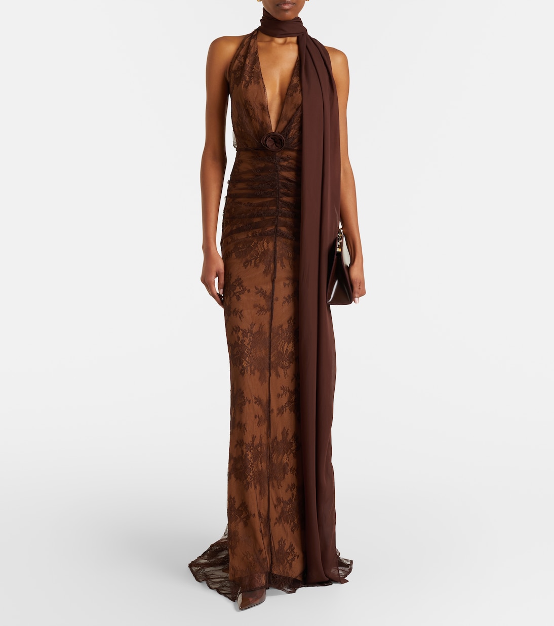Amora scarf-detail ruched lace maxi dress | De La Vali