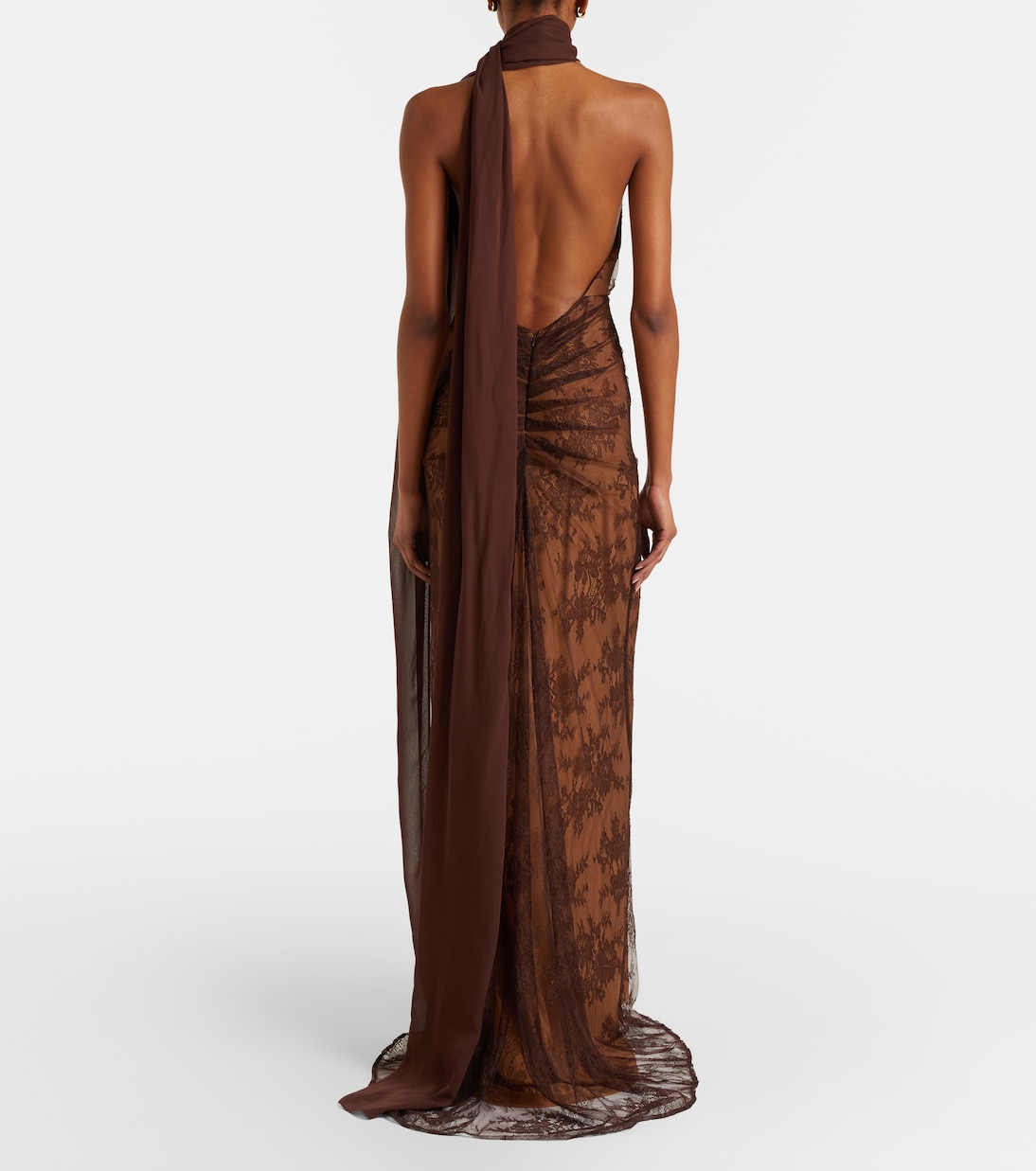 Amora scarf-detail ruched lace maxi dress | De La Vali
