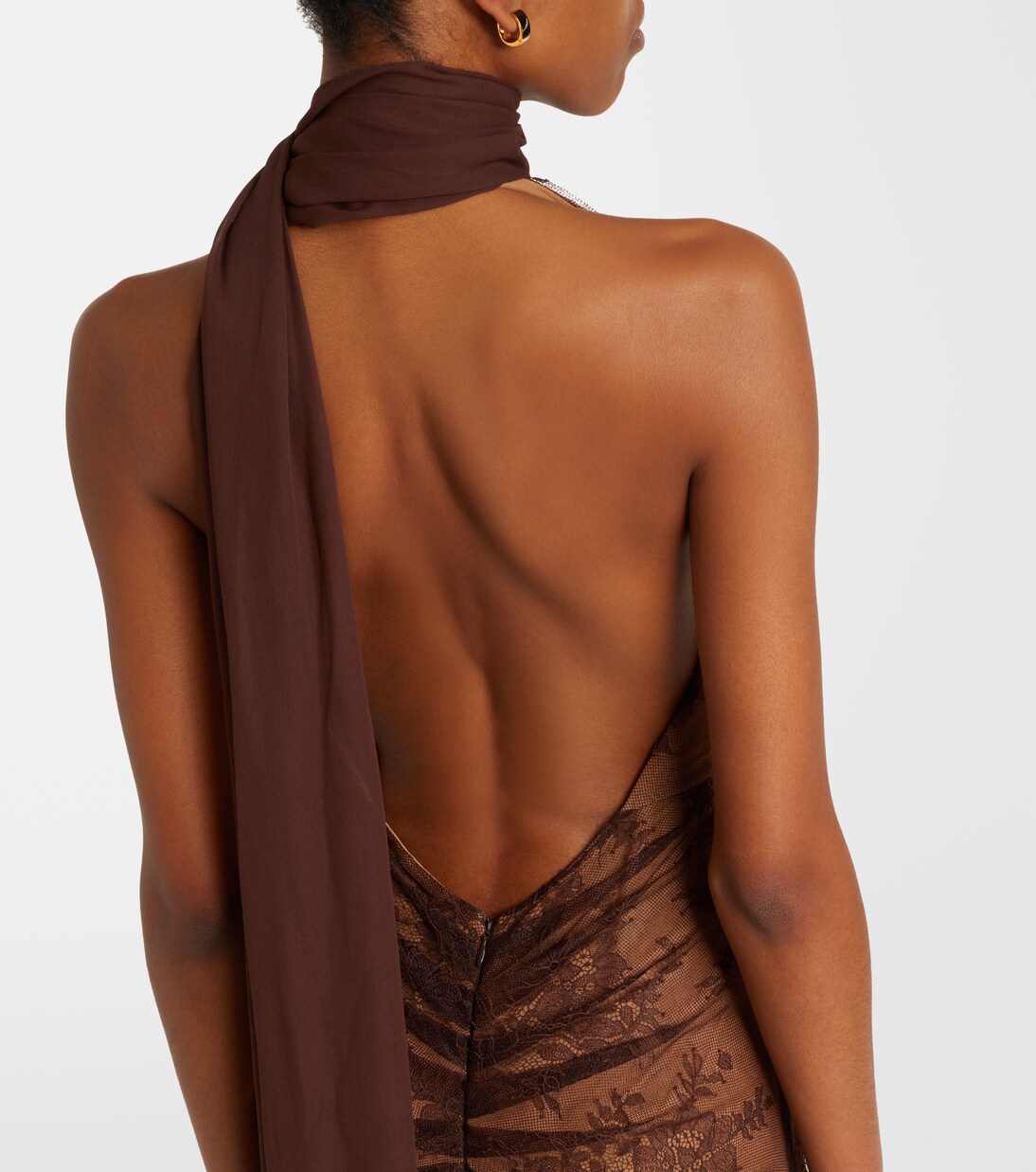 Amora scarf-detail ruched lace maxi dress | De La Vali