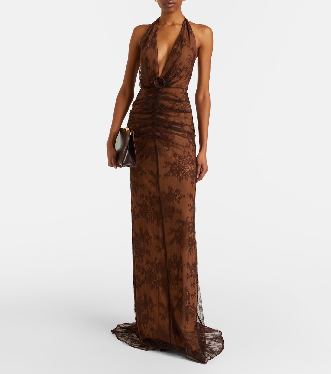 Amora scarf-detail ruched lace maxi dress | De La Vali