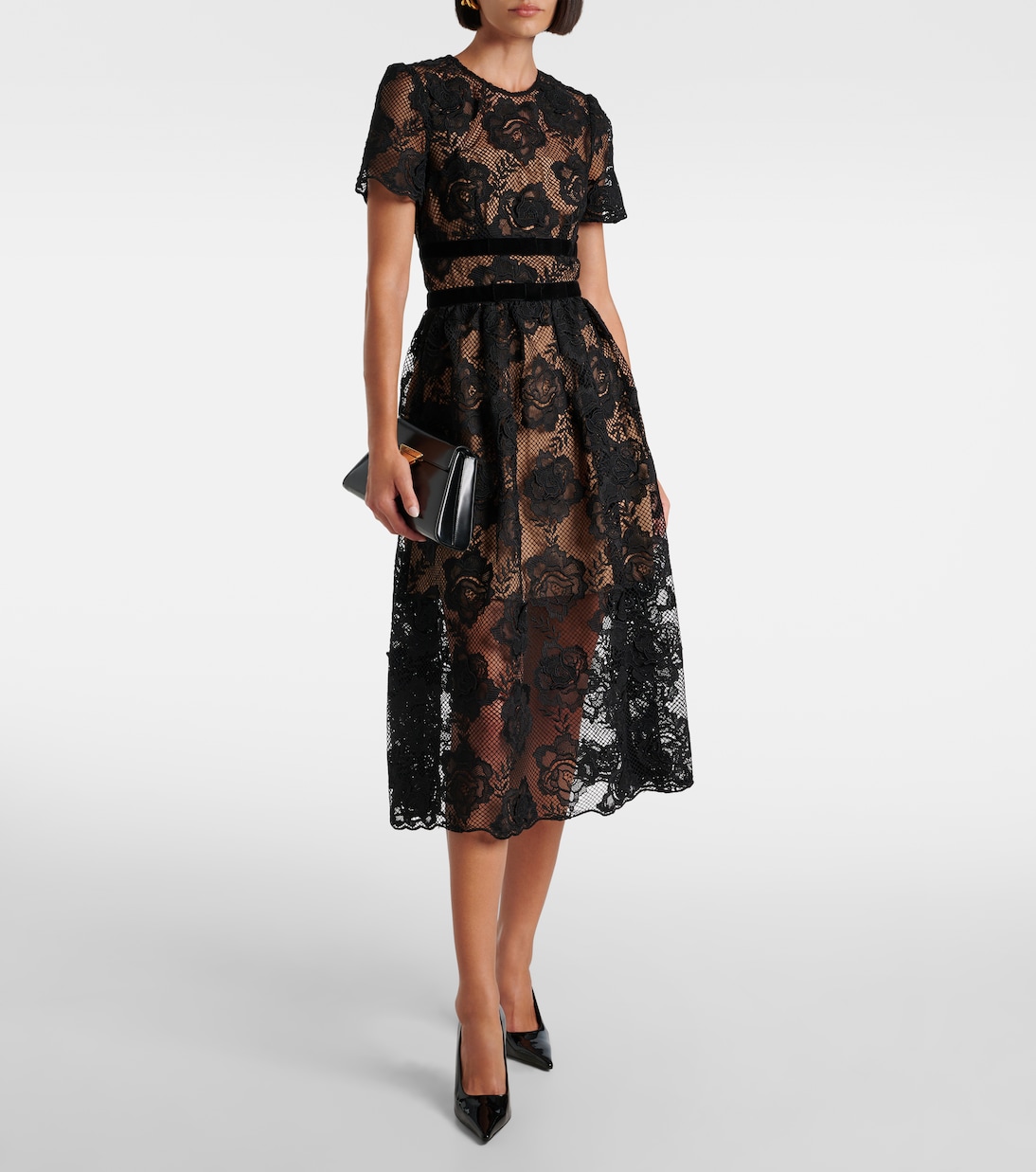 Robe midi en dentelle et velours | Self-Portrait