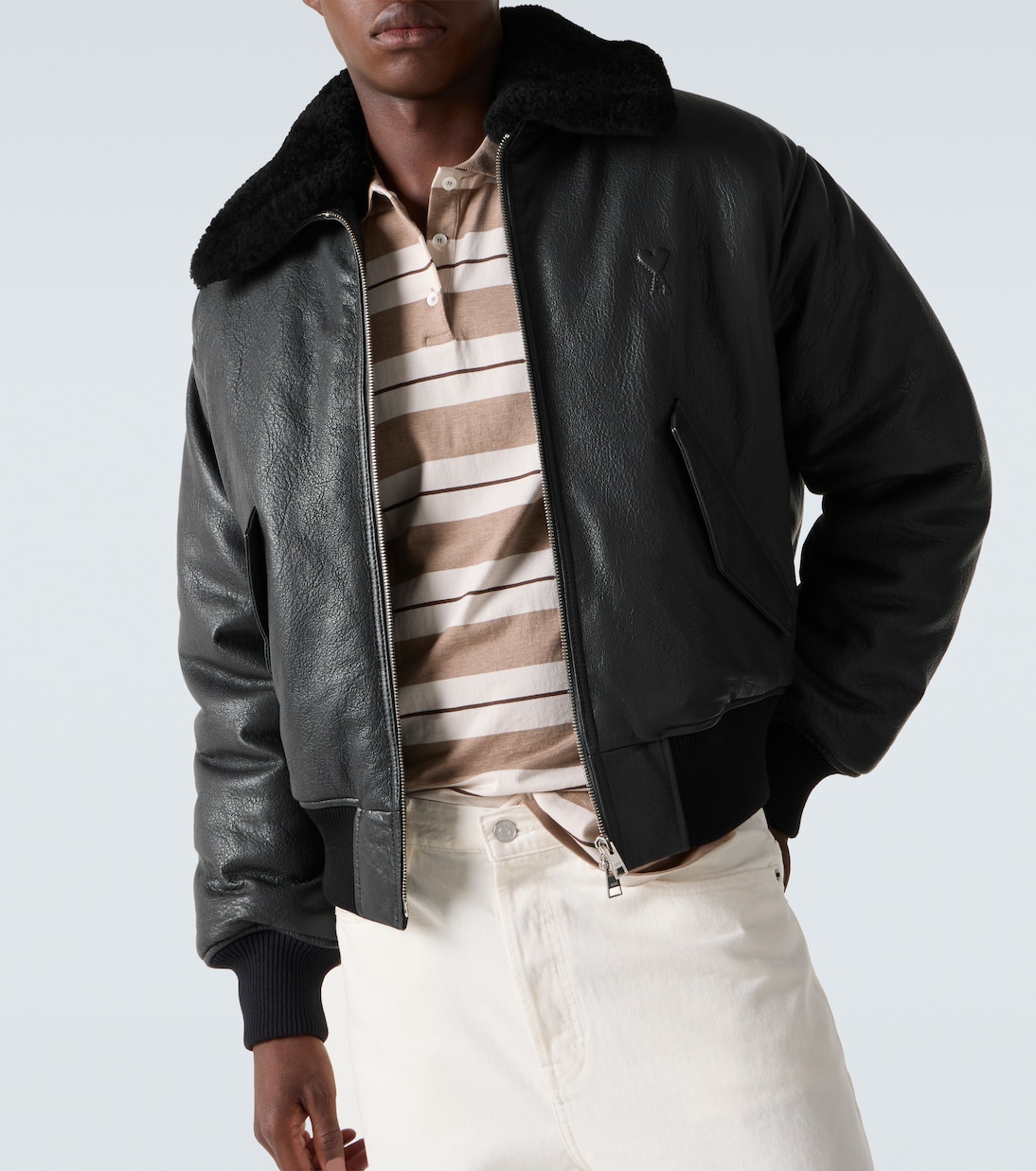 Shearling-trimmed leather bomber jacket | Ami Paris