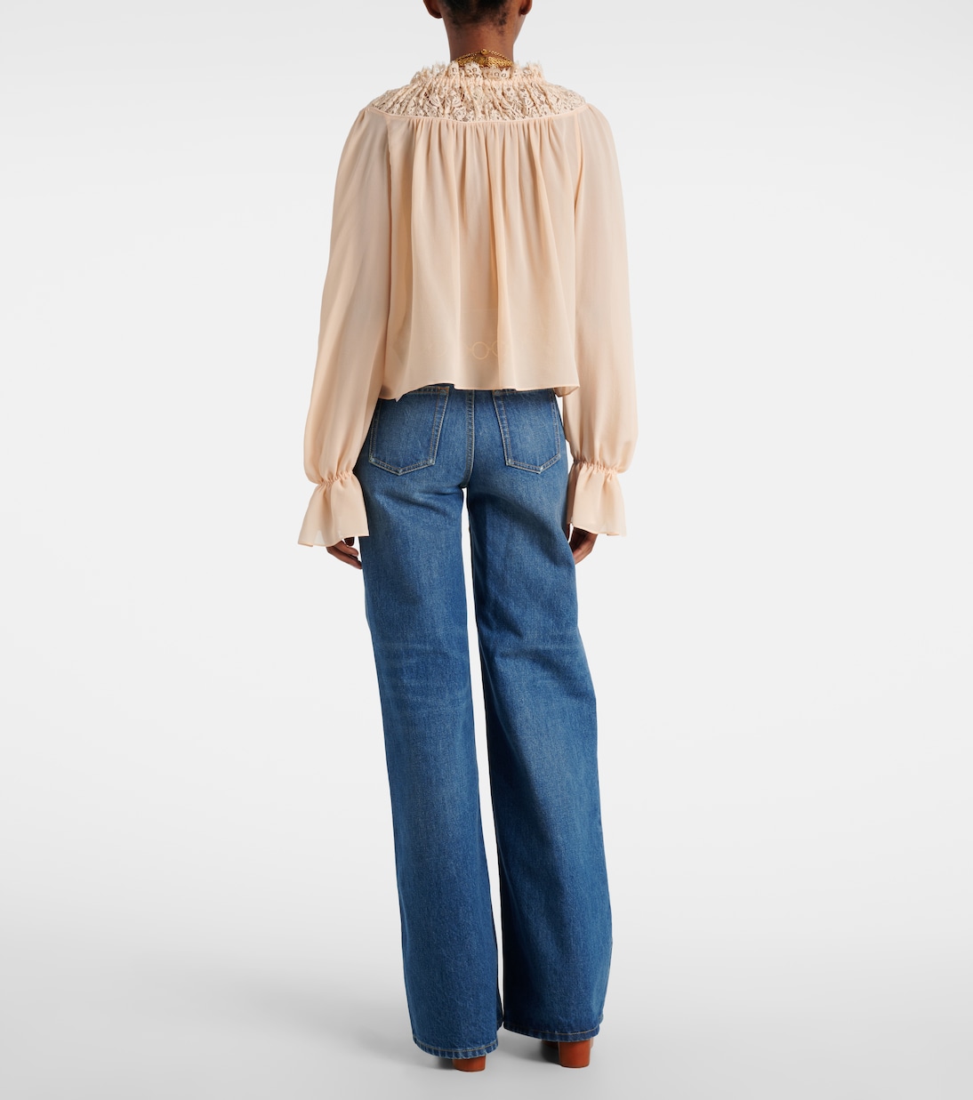 Shirred cropped lace-trimmed silk blouse | Chloé