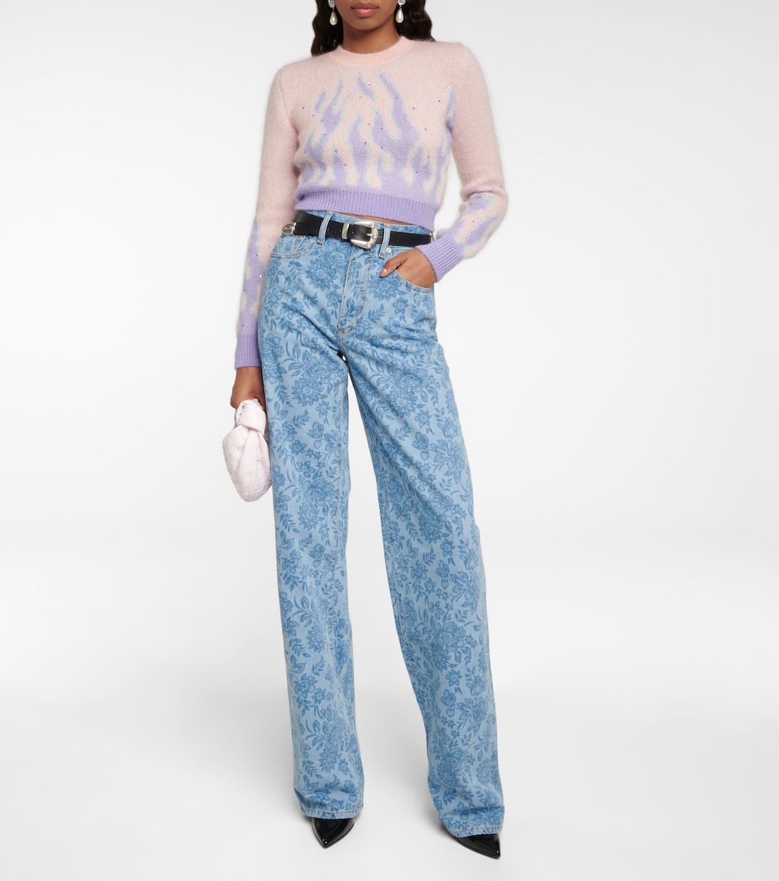 Pull raccourci en jacquard de mohair et laine mélangés | Alessandra Rich