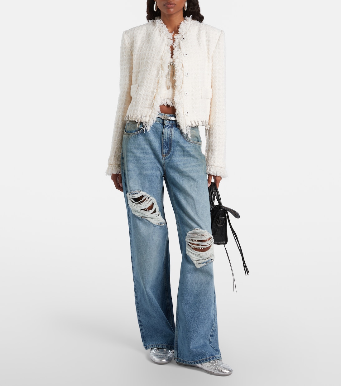 Distressed embellished wide-leg jeans | Area