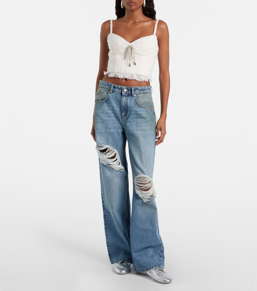 Distressed embellished wide-leg jeans | Area
